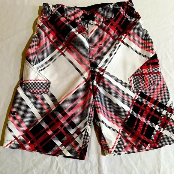 OP Swim Trunks Boy M (8) Plaid Red White Black Drawstring Waist Board Shorts - Picture 1 of 10